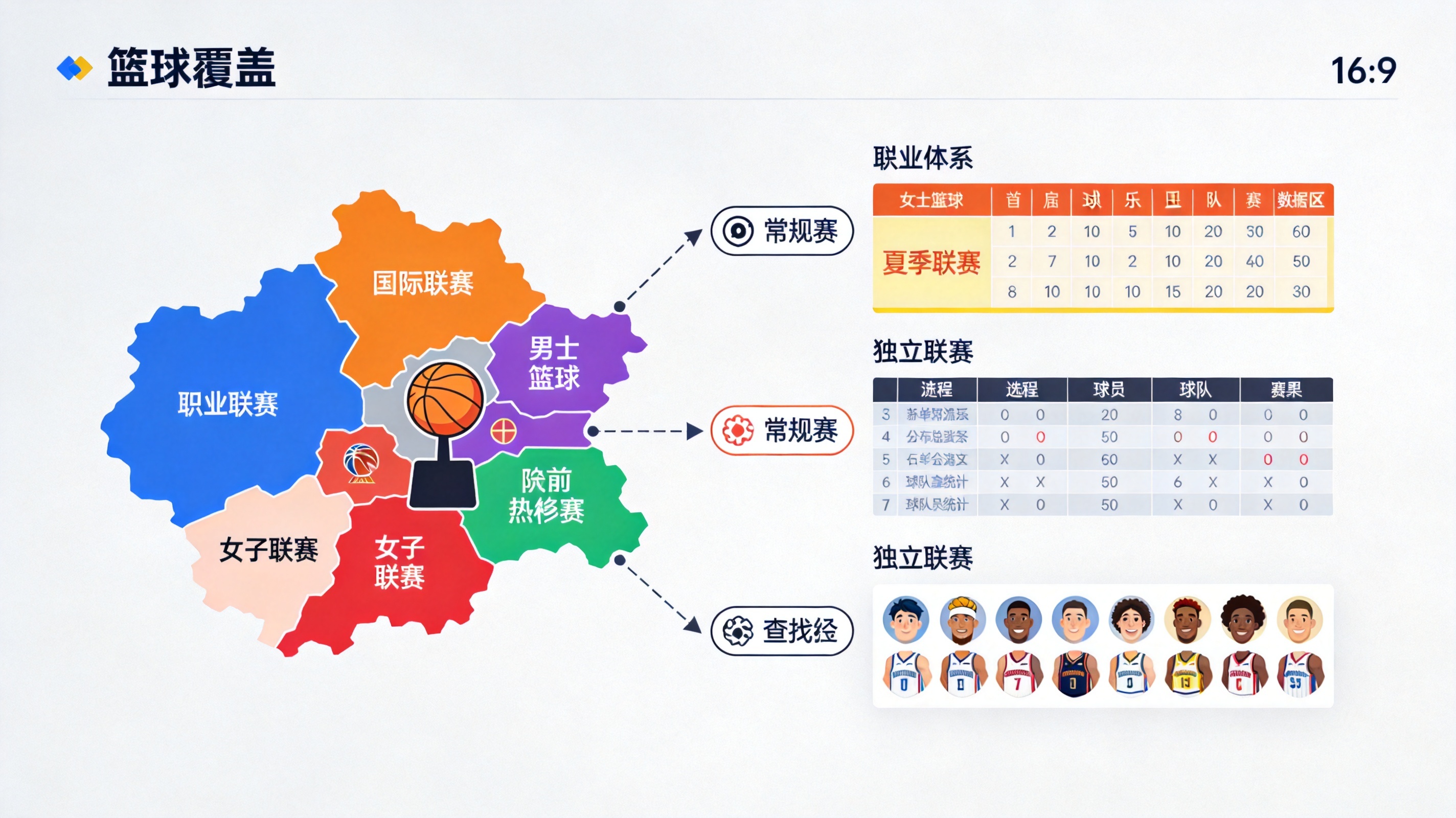 篮球赛事覆盖范围示意图，按职业联赛、国际赛事与女子联赛分类